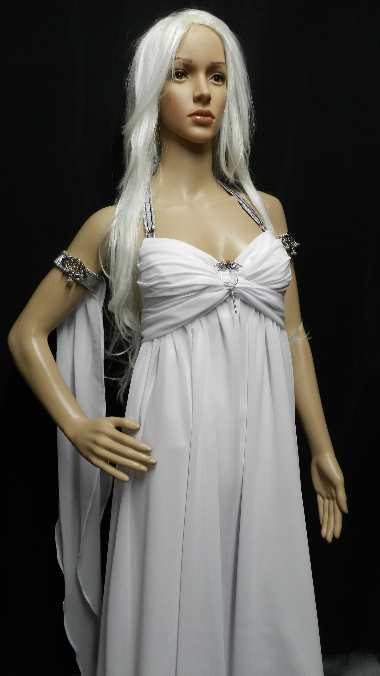 White Version! Inspired by Game Of Thrones KHALEESI Daenerys Targaryen wedding dress white chiffon CUSTOM MADE with dragon brooch / pin
