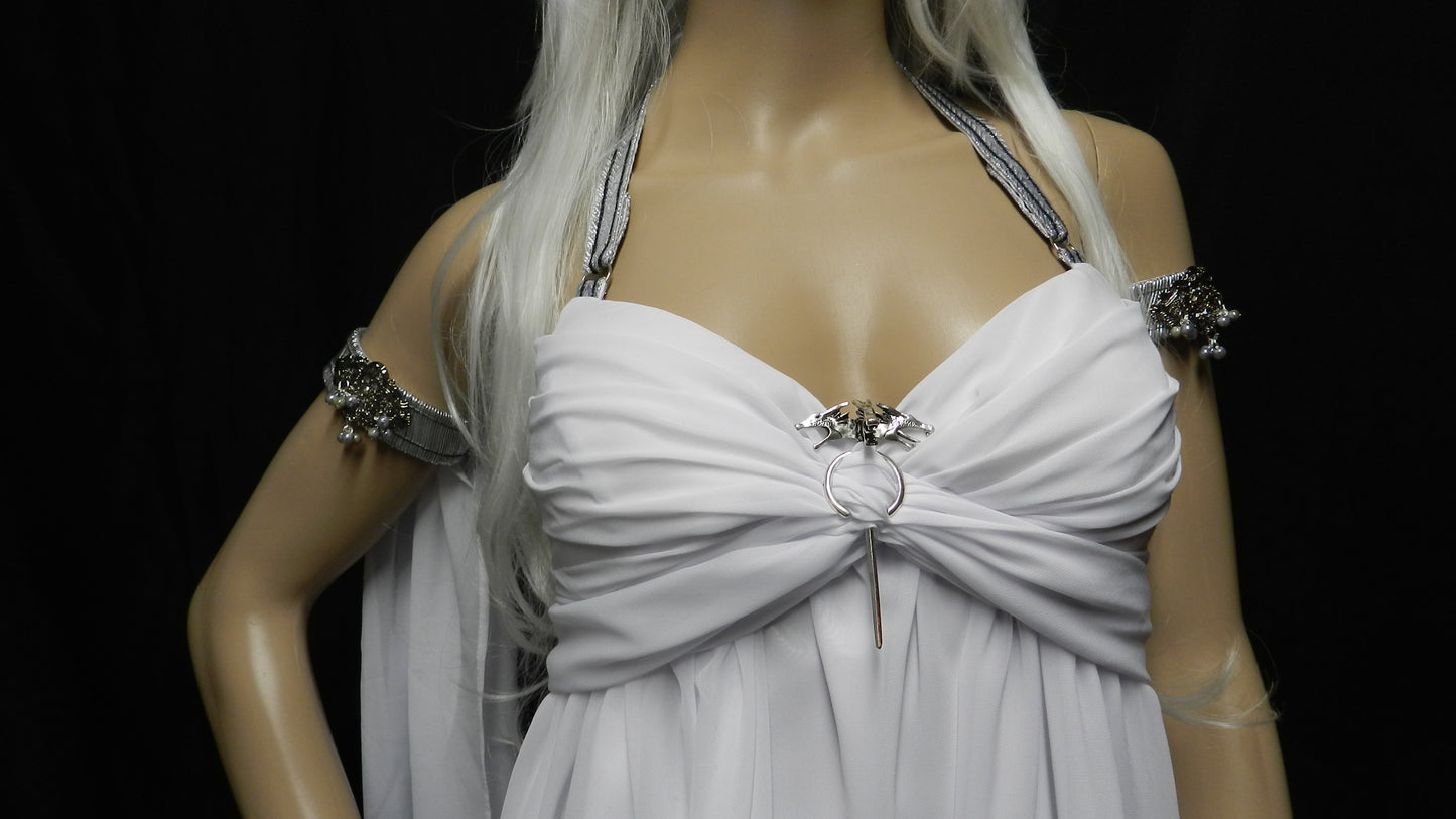 White Version! Inspired by Game Of Thrones KHALEESI Daenerys Targaryen wedding dress white chiffon CUSTOM MADE with dragon brooch / pin