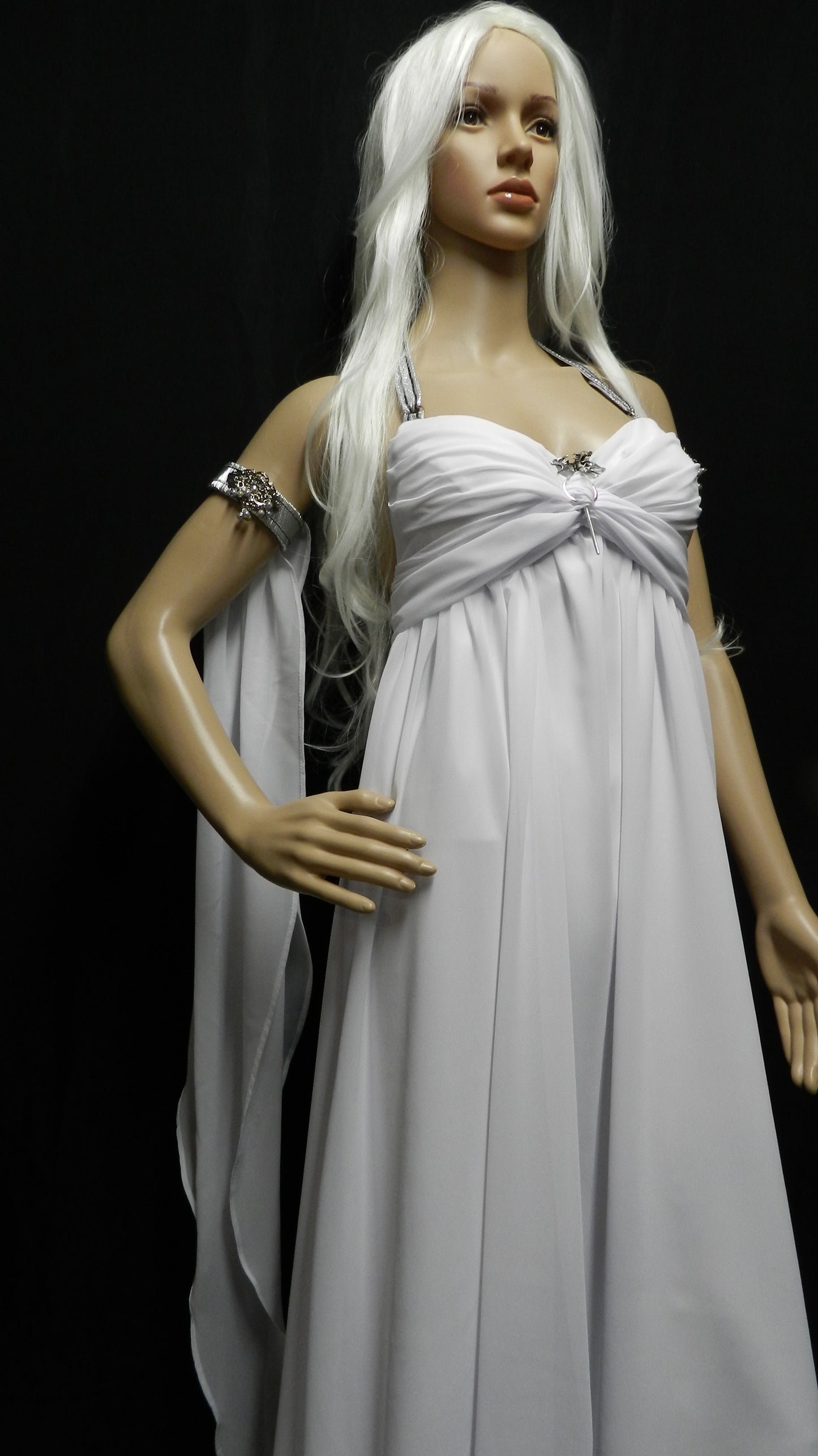 White Version! Inspired by Game Of Thrones KHALEESI Daenerys Targaryen wedding dress white chiffon CUSTOM MADE with dragon brooch / pin