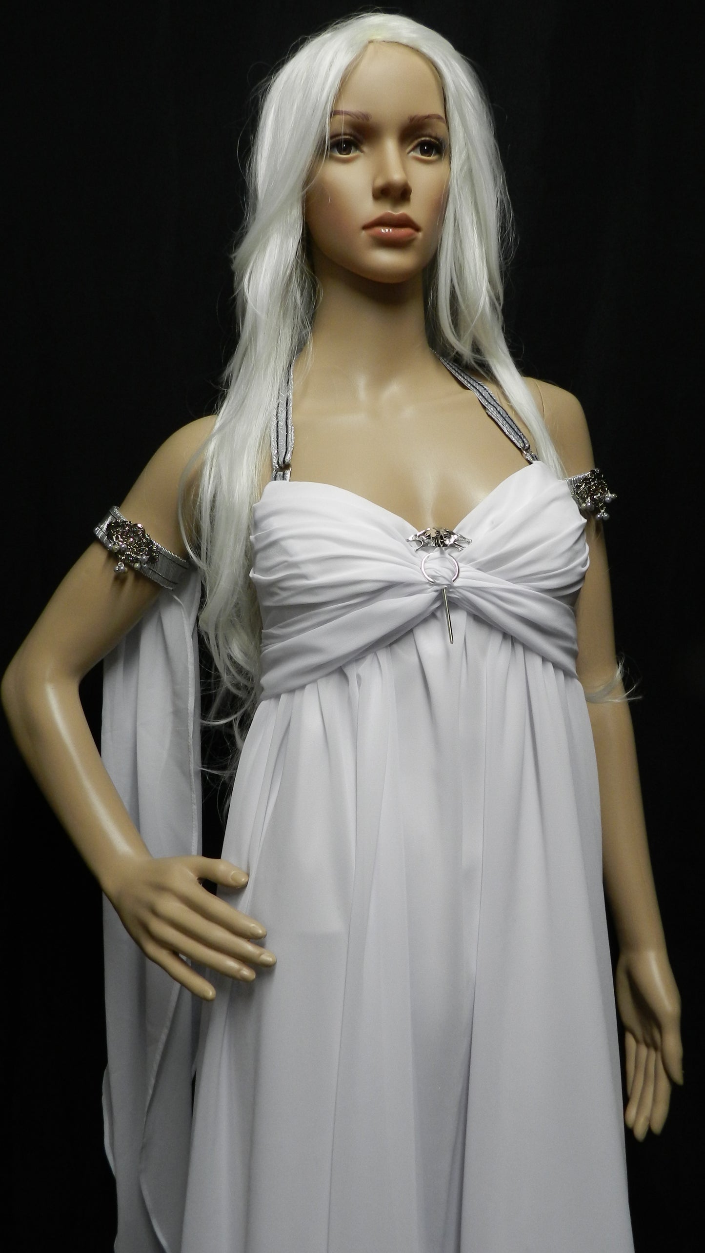 White Version! Inspired by Game Of Thrones KHALEESI Daenerys Targaryen wedding dress white chiffon CUSTOM MADE with dragon brooch / pin
