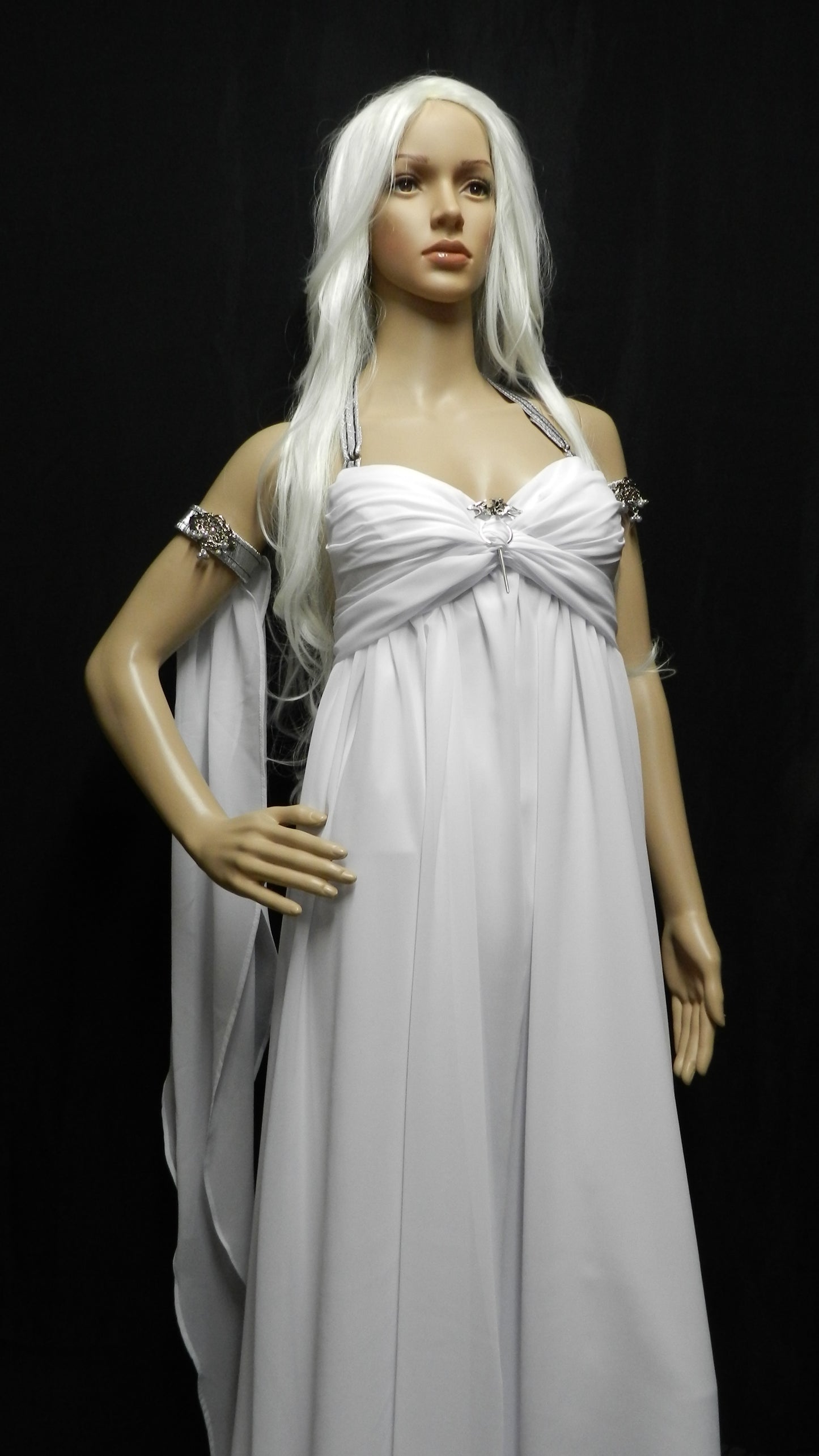 White Version! Inspired by Game Of Thrones KHALEESI Daenerys Targaryen wedding dress white chiffon CUSTOM MADE with dragon brooch / pin