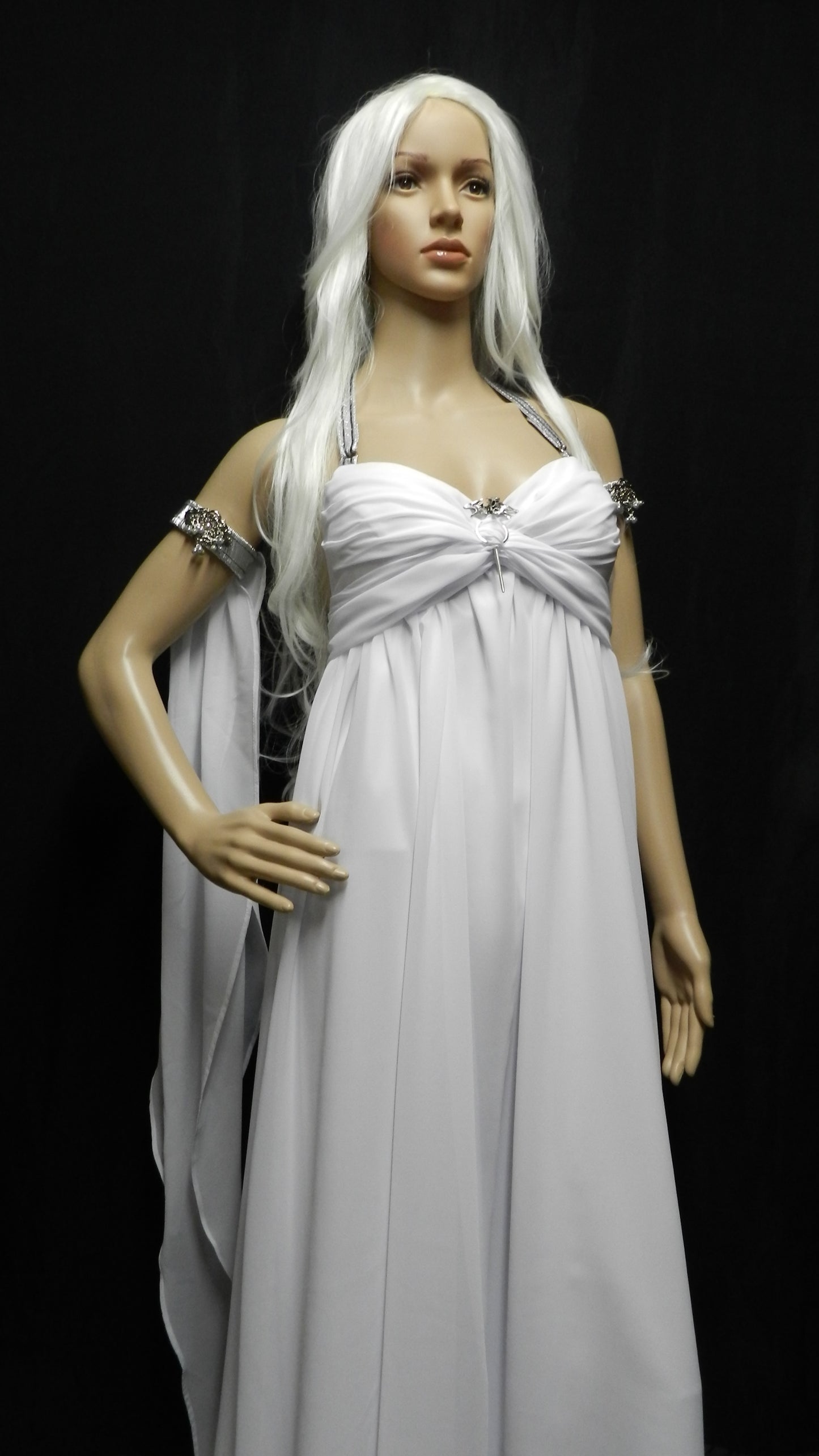 White Version! Inspired by Game Of Thrones KHALEESI Daenerys Targaryen wedding dress white chiffon CUSTOM MADE with dragon brooch / pin