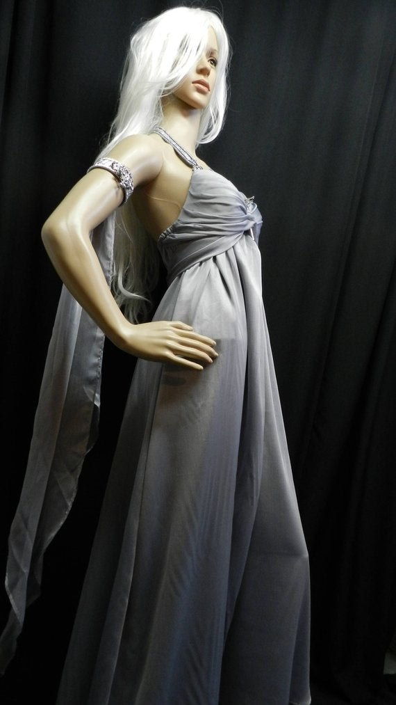 Inspired by Game Of Thrones KHALEESI Daenerys Targaryen wedding dress gray chiffon CUSTOM MADE with dragon brooch / pin