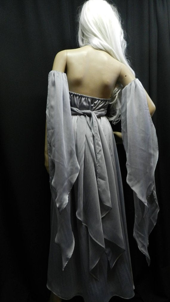Inspired by Game Of Thrones KHALEESI Daenerys Targaryen wedding dress gray chiffon CUSTOM MADE with dragon brooch / pin