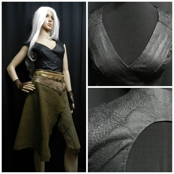 Inspired by Daenerys costume season 6 Game of Thrones lambskin leather skirt with black linen top custom made to your size!