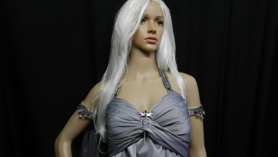 Inspired by Game Of Thrones KHALEESI Daenerys Targaryen wedding dress gray chiffon CUSTOM MADE with dragon brooch / pin