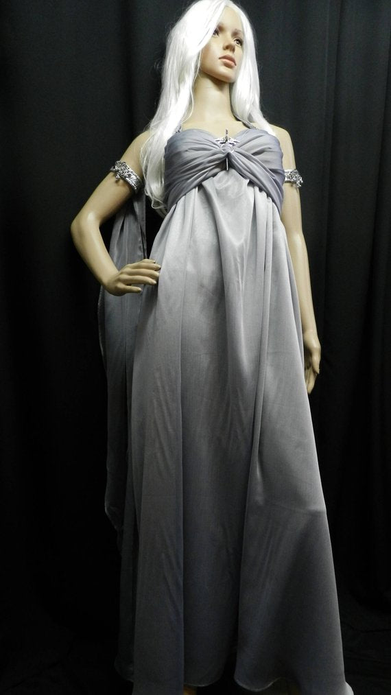 Inspired by Game Of Thrones KHALEESI Daenerys Targaryen wedding dress gray chiffon CUSTOM MADE with dragon brooch / pin